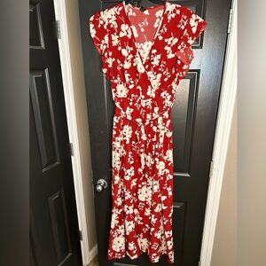 SHEIN Red and Cream Floral Print Butterfly Sleeve Belted Maxi Dress